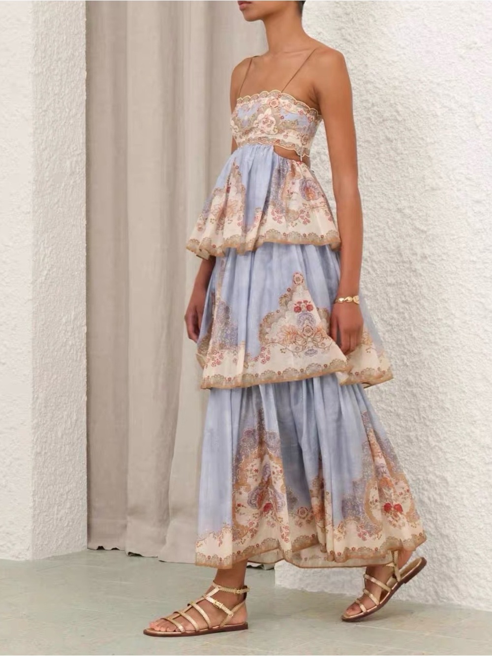 Zimmermann Blue & Cream Tiered Floral Maxi Dress with Spaghetti Straps
